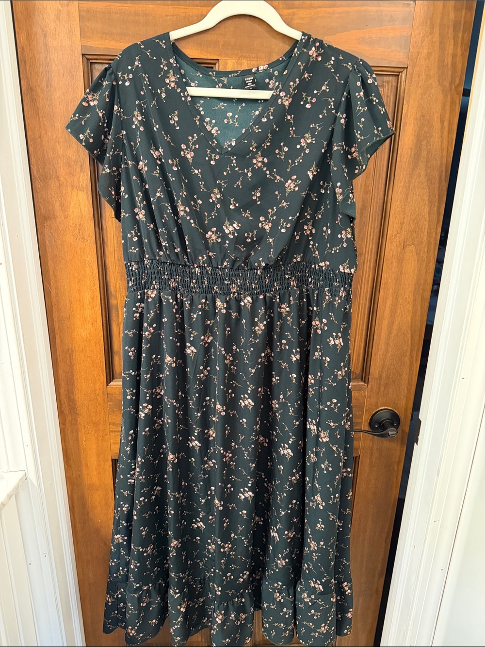 SHEIN Dark Green Midi Dress with Pink Floral Print